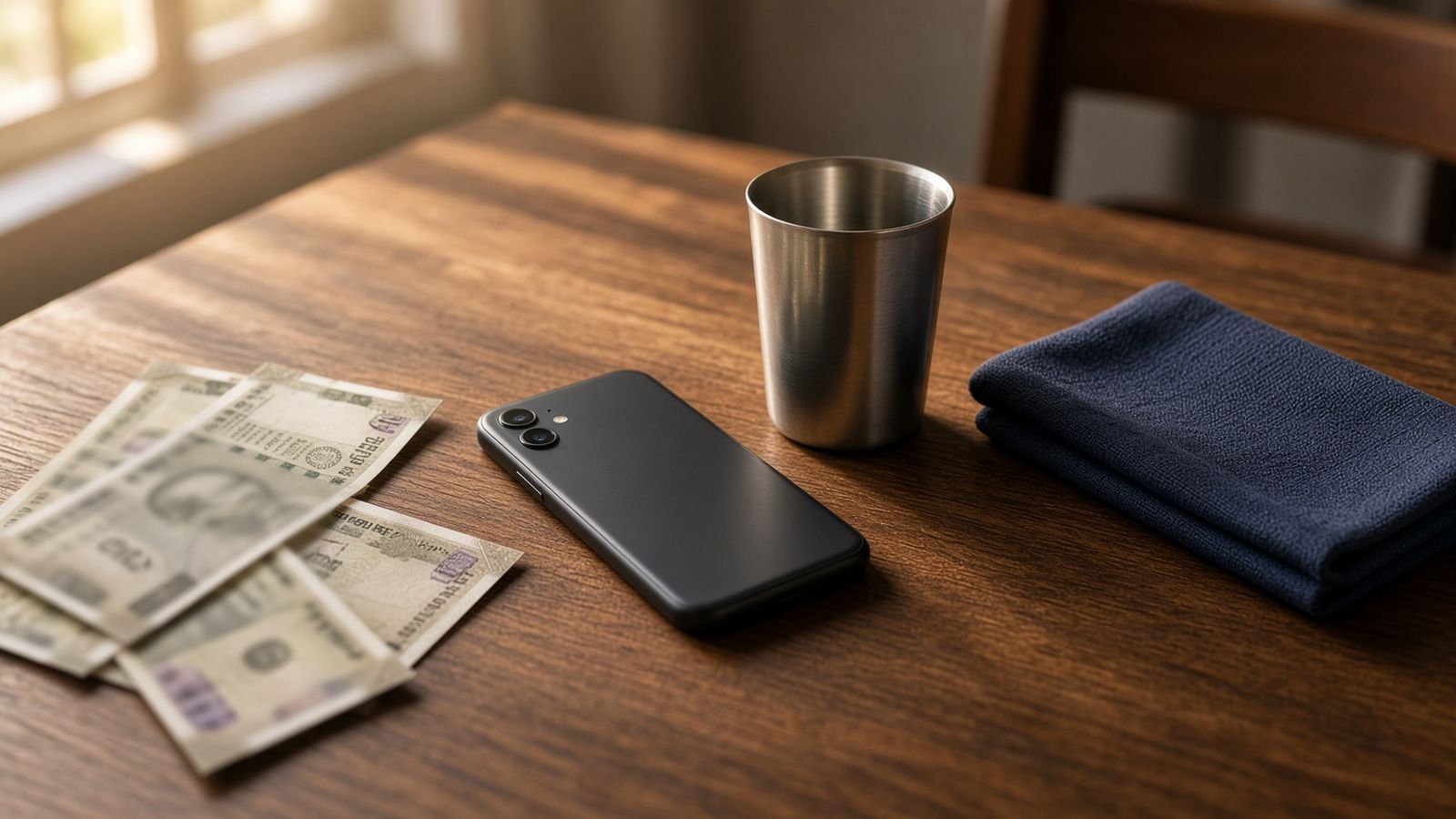 Rupee notes, a face-down phone, and tea on a desk. Illustration of India payout rails — not a payment proof.