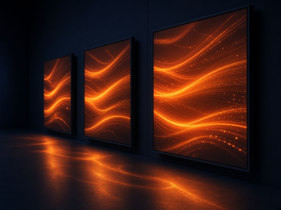 Glowing billboard panels in a dark studio — traffic, not a payout.