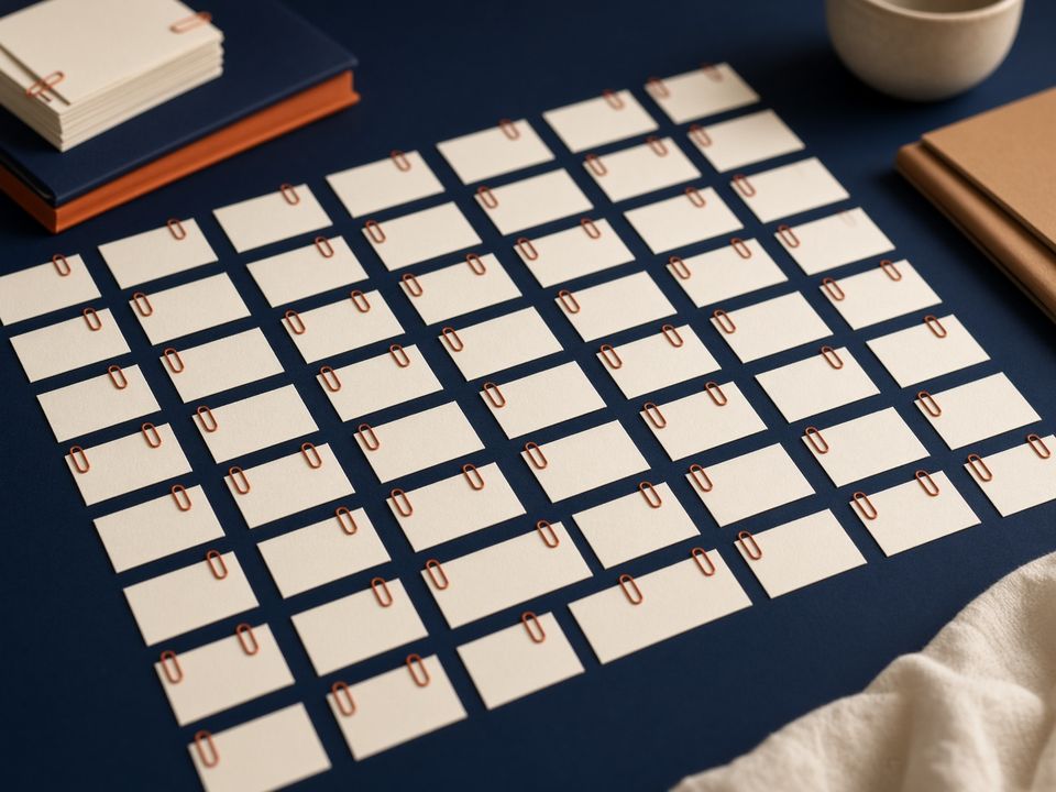 A dense catalog of blank merchant cards on a navy desk.