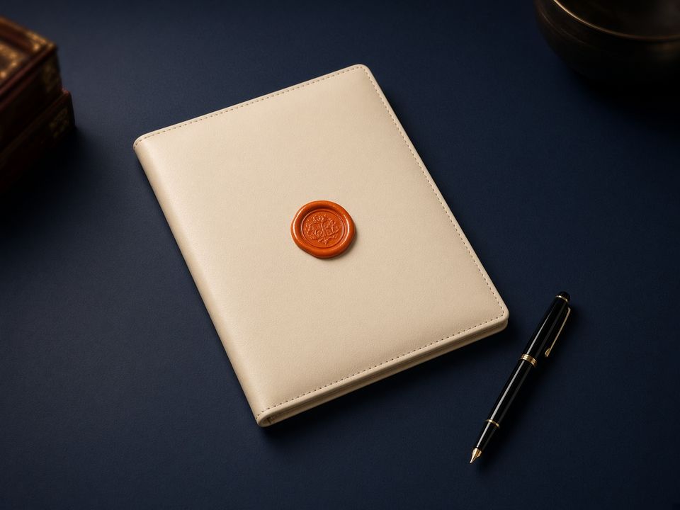 A single sealed contract folder on a navy desk.