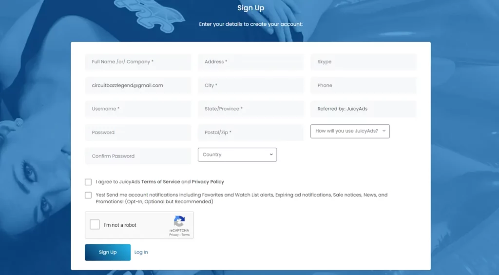 JuicyAds Sign Up 1