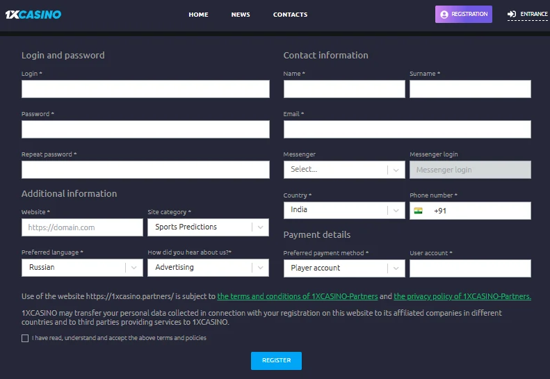 1xCasino Partners Affiliate Program Register