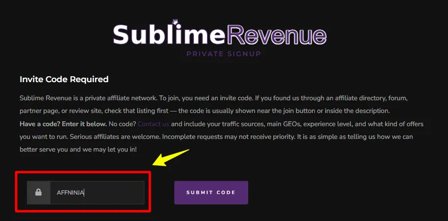 Enter Invite Code In Sublime Revenue