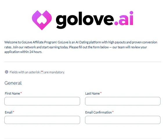 Sign Up on GoLove AI Affiliate Program